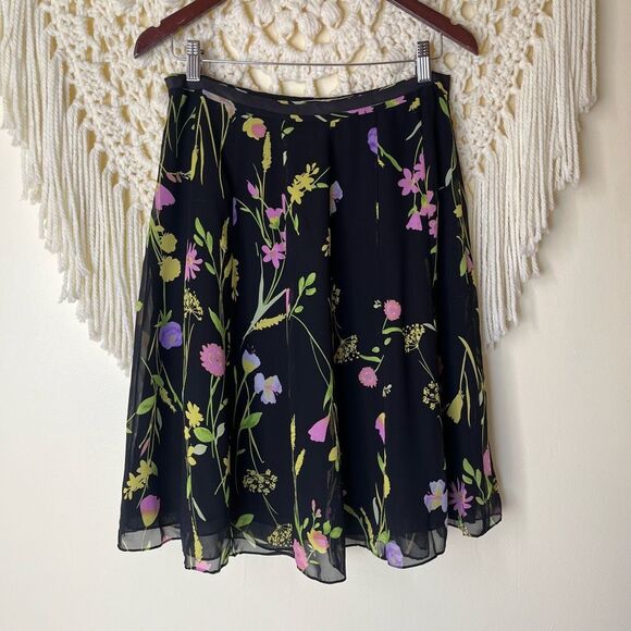 Vintage 90s Y2K A-Line Mini Skirt 100% Silk Black Spring Floral A-line 10 - Picture 8 of 8